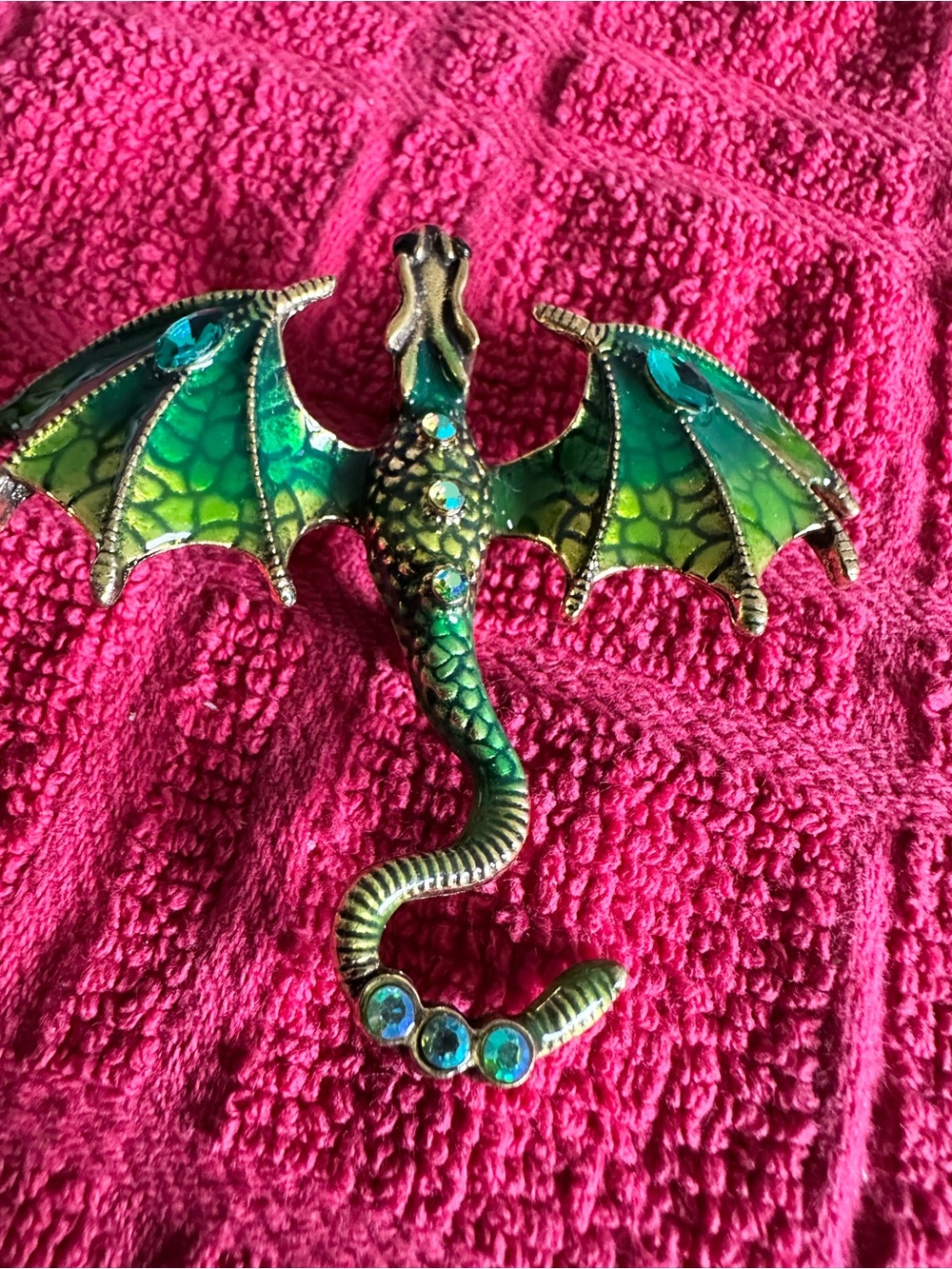 Green Dragon Enamel and Rhinestone Dragon Brooch in Green and Gold - Picture 2 of 3